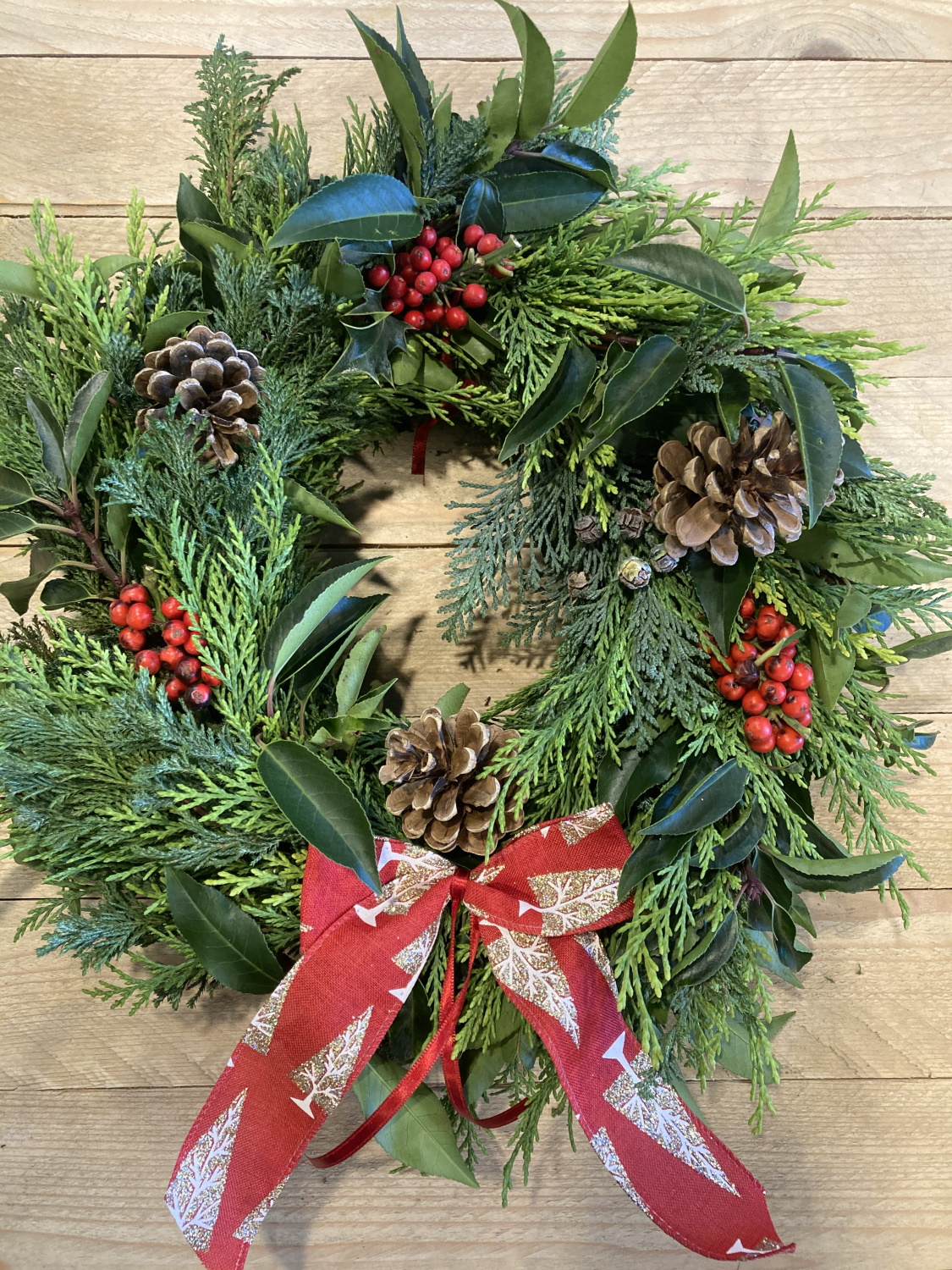small wreath with Christmas tree ribbon